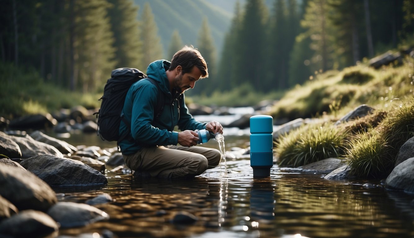 A backpacker tests a water filter by a clear stream in the wilderness