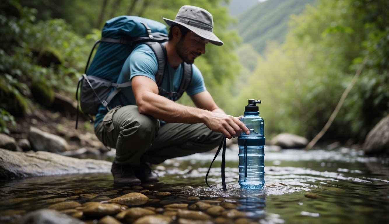 A backpacker fills a water bottle from a clear mountain stream using a compact water filter attached to a collapsible water pouch