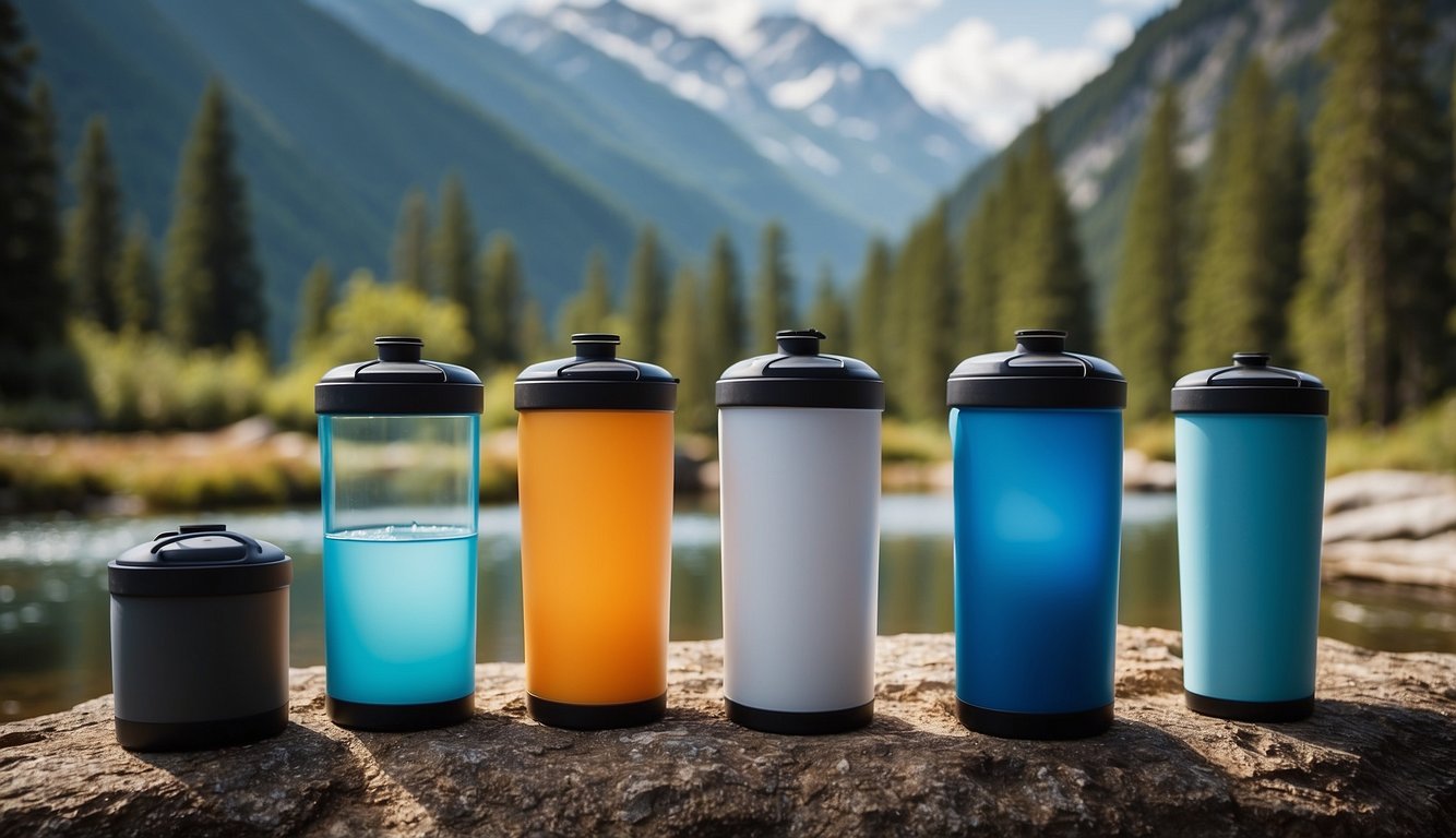 Various water filters displayed with reviews. Backpacking filter comparison chart. Outdoor setting with mountains in background