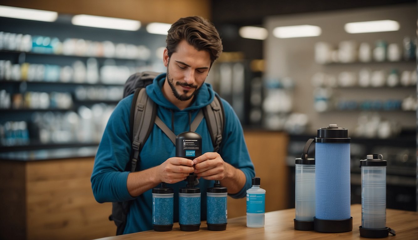 A backpacker choosing a water filter from a variety of options, with FAQs and misconceptions about water treatment in backpacking displayed in the background