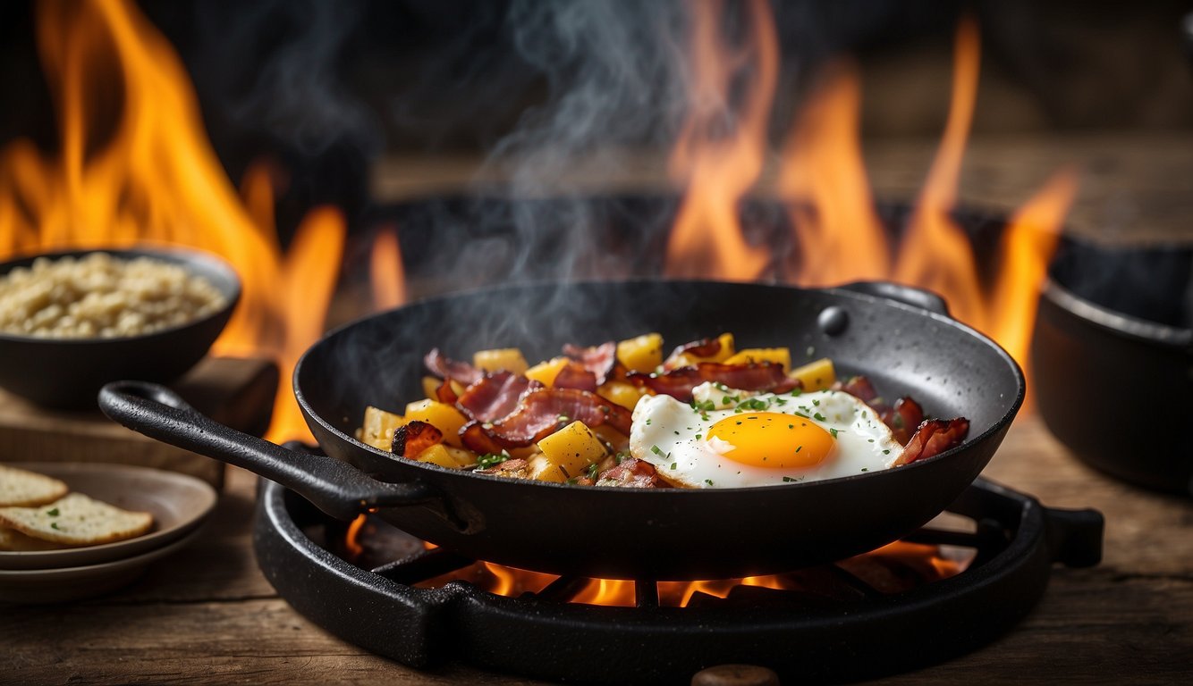 A campfire crackles as a cast iron skillet sizzles with bacon and eggs. A pot of coffee brews on the flames, while a rustic wooden table holds an array of spices, utensils, and fresh ingredients