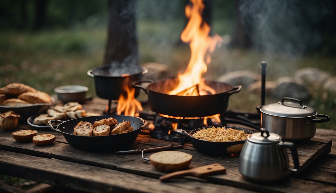 A campsite with a crackling fire, a sturdy cooking tripod, and a variety of cooking utensils laid out on a rustic wooden table