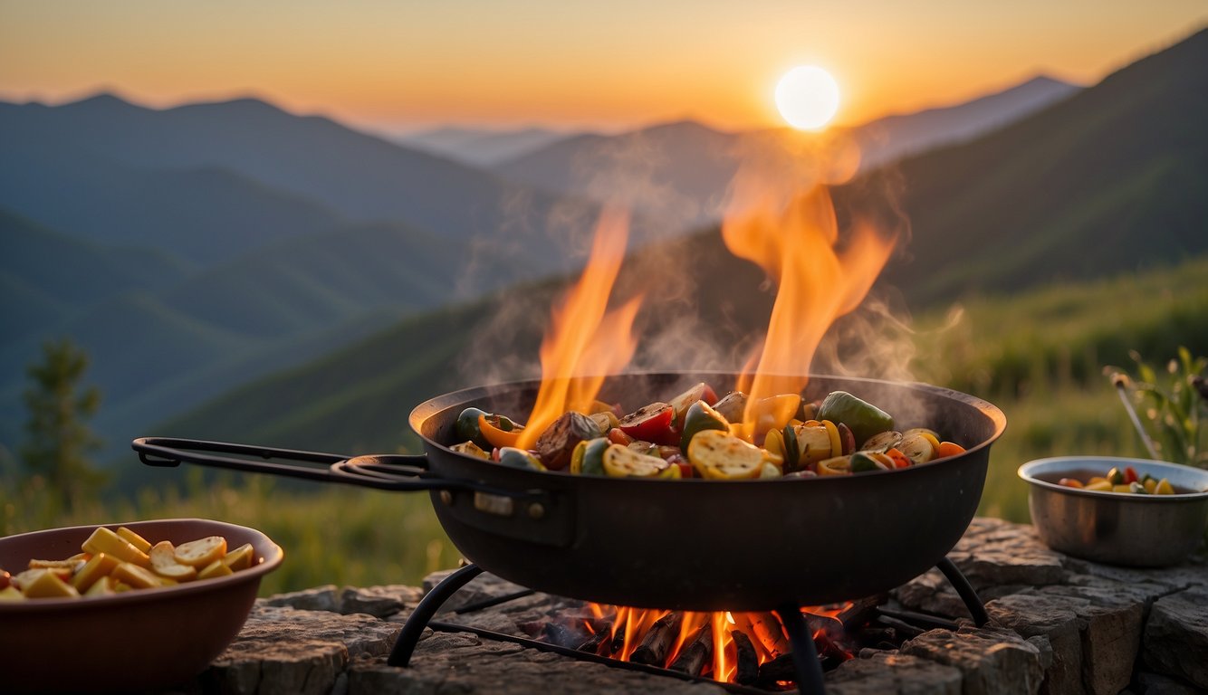 A campfire crackles as a pot of stew simmers. A grill sizzles with skewers of vegetables. A picnic table is filled with fresh produce and cooking utensils. The sun sets over the mountains in the background