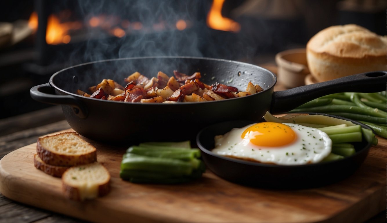 A campfire crackles as a cast iron skillet sizzles with bacon and eggs. A pot of coffee brews nearby while a chef's knife chops fresh vegetables on a cutting board