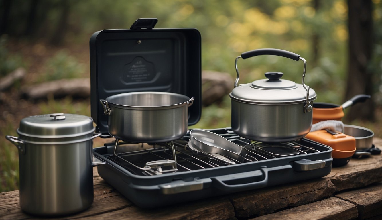 A campsite with a portable stove, pots, pans, utensils, and a cooler. Cleaning supplies and maintenance tools are neatly organized nearby