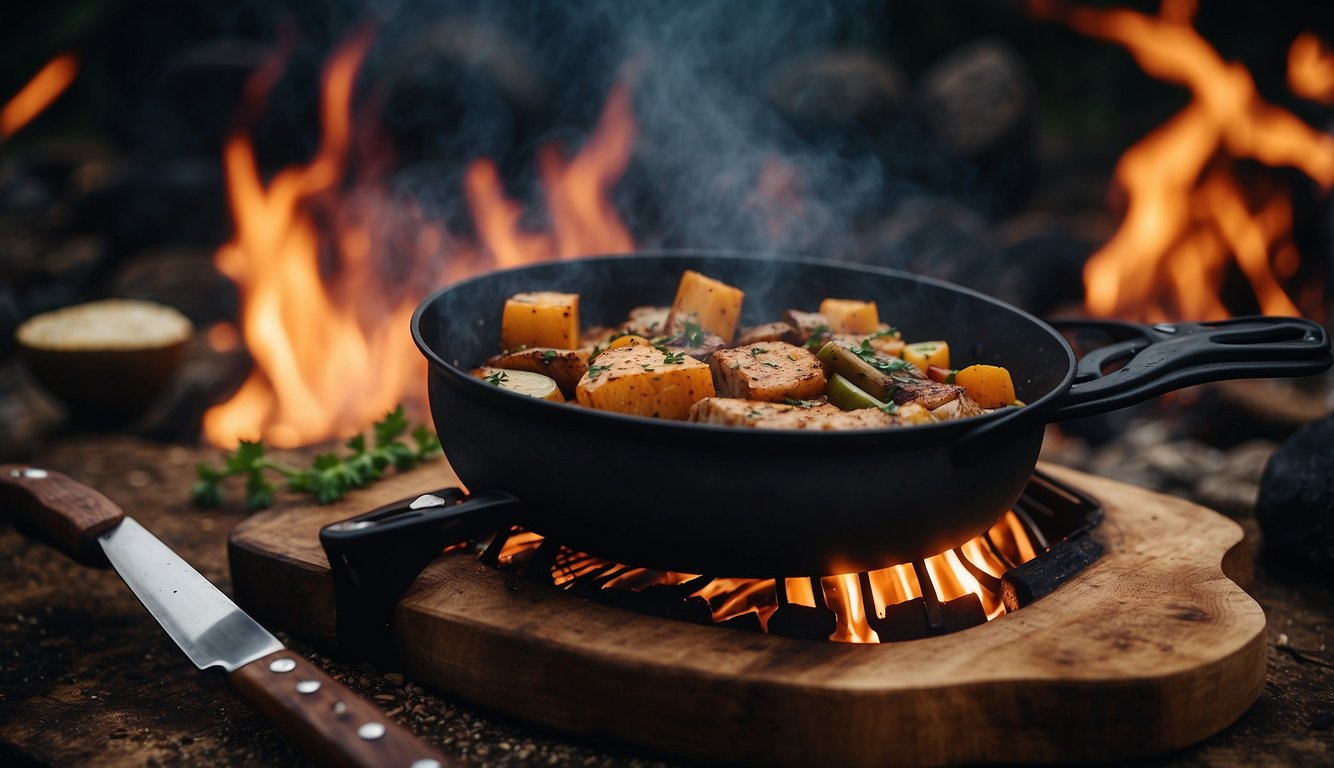 A campfire crackles as a pot of stew simmers. A grill sizzles with fresh fish. A chef's knife chops vegetables on a cutting board