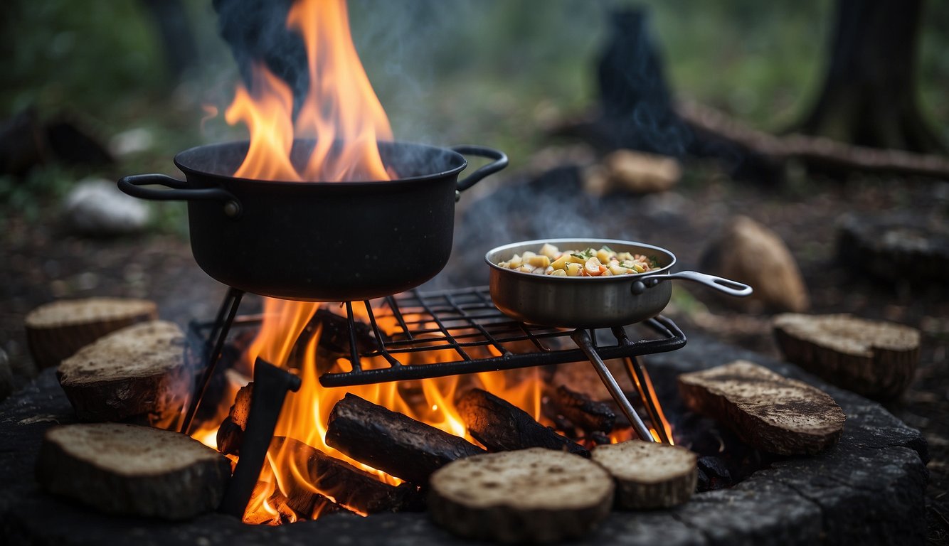 A campfire crackles as a pot of stew simmers. A table is set with various cooking utensils and ingredients. A camping stove and grill are nearby