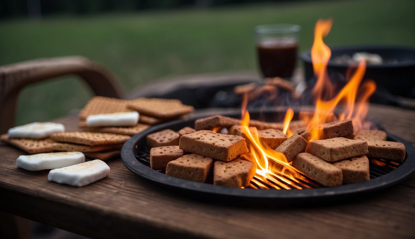 A campfire with skewers, marshmallows, chocolate bars, graham crackers, and roasting sticks laid out on a picnic table