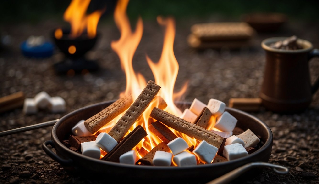 A crackling campfire surrounded by marshmallows on sticks, chocolate bars, and graham crackers, ready for making s'mores