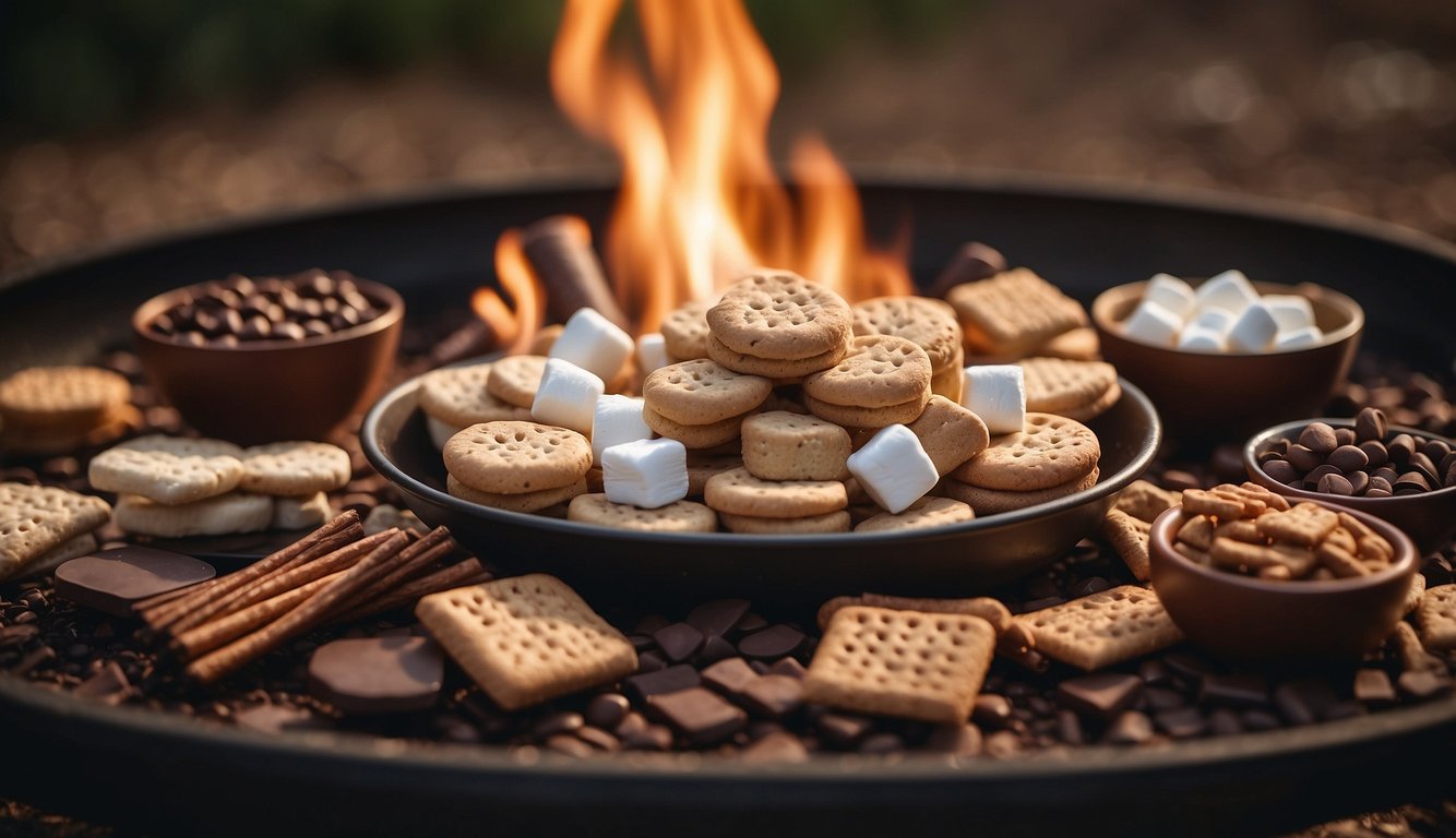 A campfire surrounded by various dessert ingredients and tools, such as marshmallows, chocolate, graham crackers, and skewers, ready to be used for creating innovative campfire treats