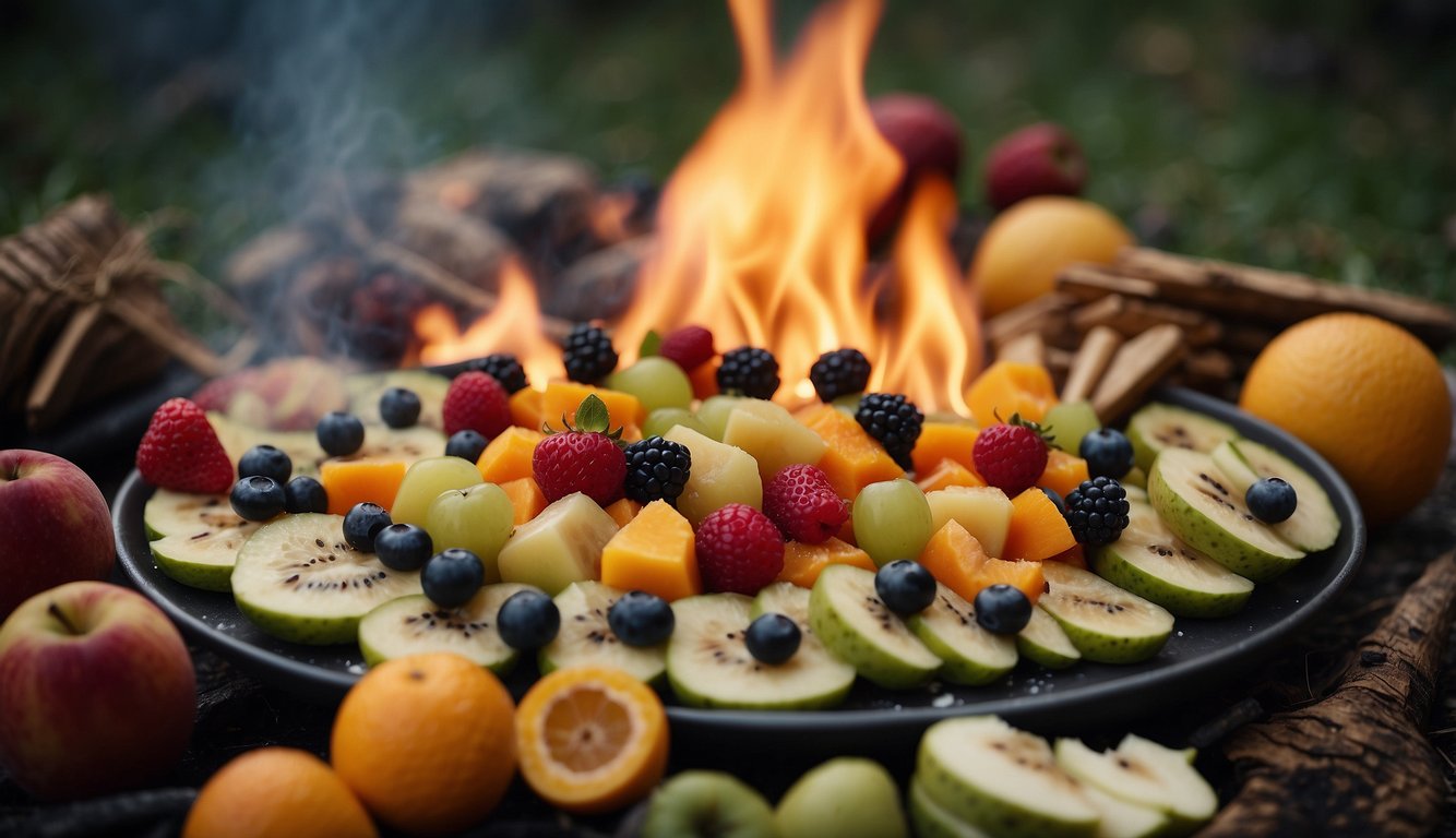 A campfire surrounded by various fruits and dessert ingredients, with skewers and roasting sticks ready for creating fruit-focused campfire desserts