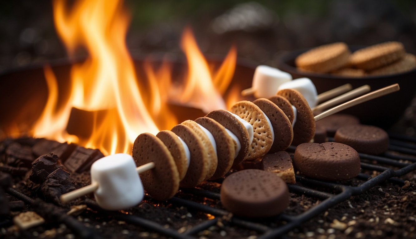 A campfire crackles as marshmallows roast on skewers. Chocolate and graham crackers sit nearby, ready to assemble into gooey s'mores