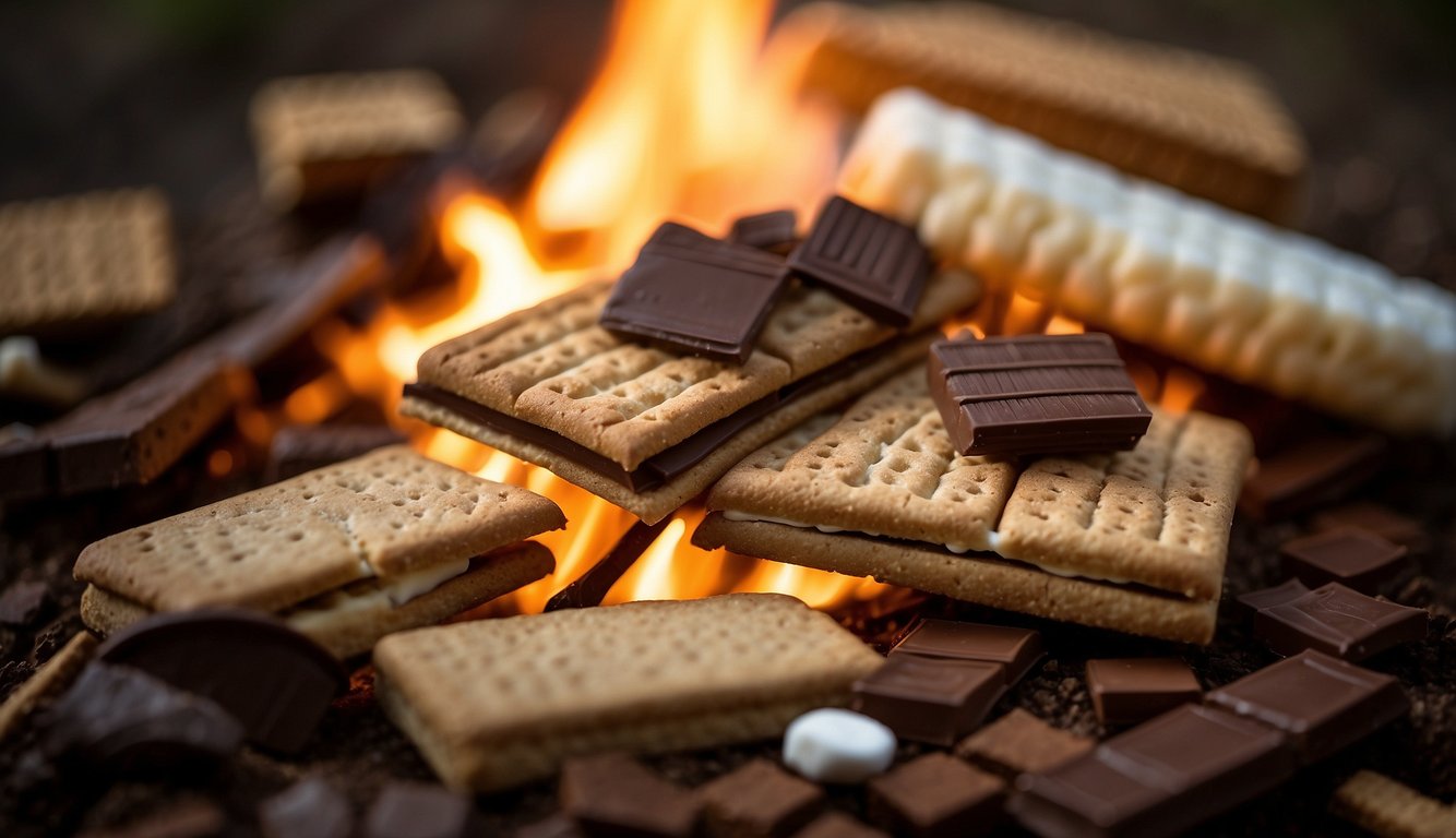 A crackling campfire surrounded by graham crackers, marshmallows, and chocolate bars, ready to be transformed into gooey, delicious s'mores