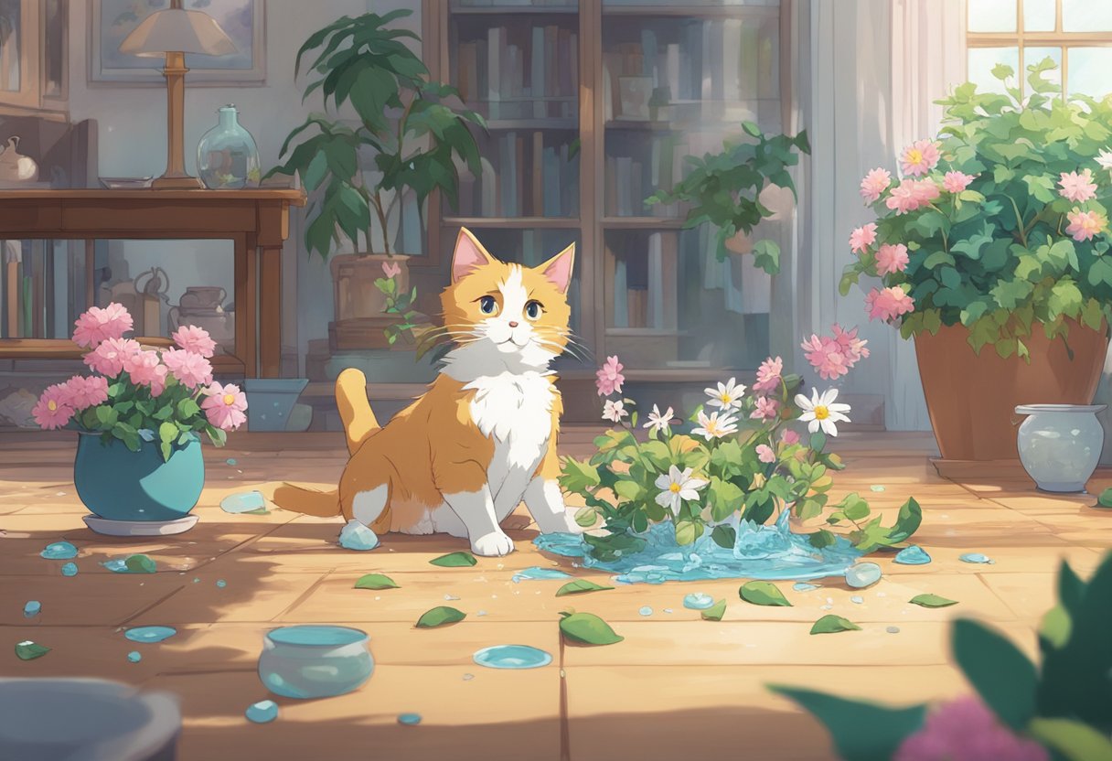 A mischievous cat knocks over a vase of flowers, spilling water everywhere, while a dog looks on with a guilty expression