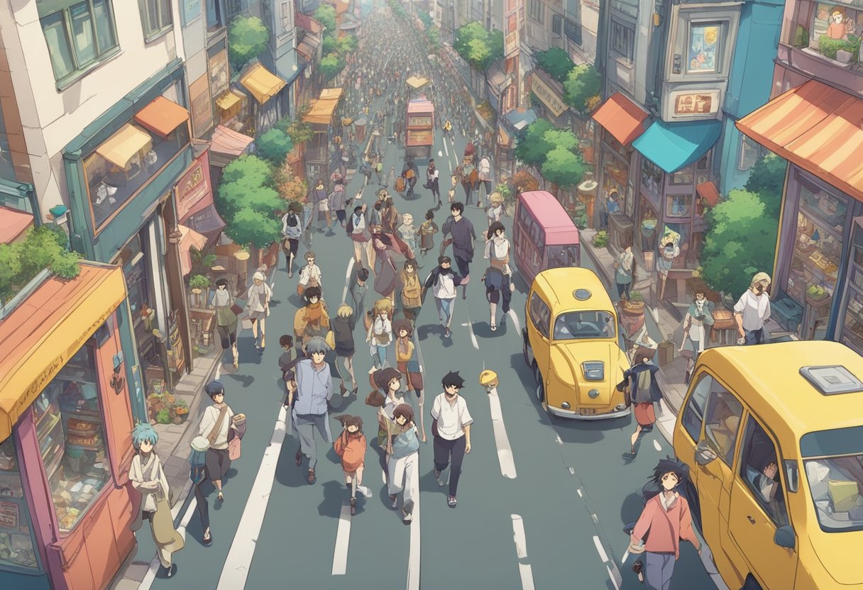 A bustling city street filled with diverse characters, from a trendy hipster with a handlebar mustache to a harried parent chasing after their mischievous toddler. The atmosphere is alive with energy and excitement, as people rush to and fro, each