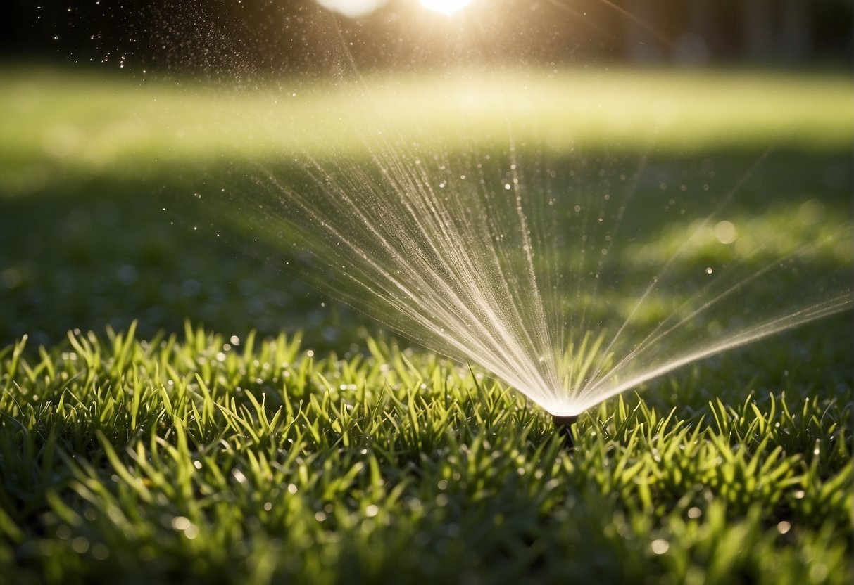 Sunlight shines on a lush green lawn. A sprinkler system waters the grass, while a person spreads fertilizer across the yard