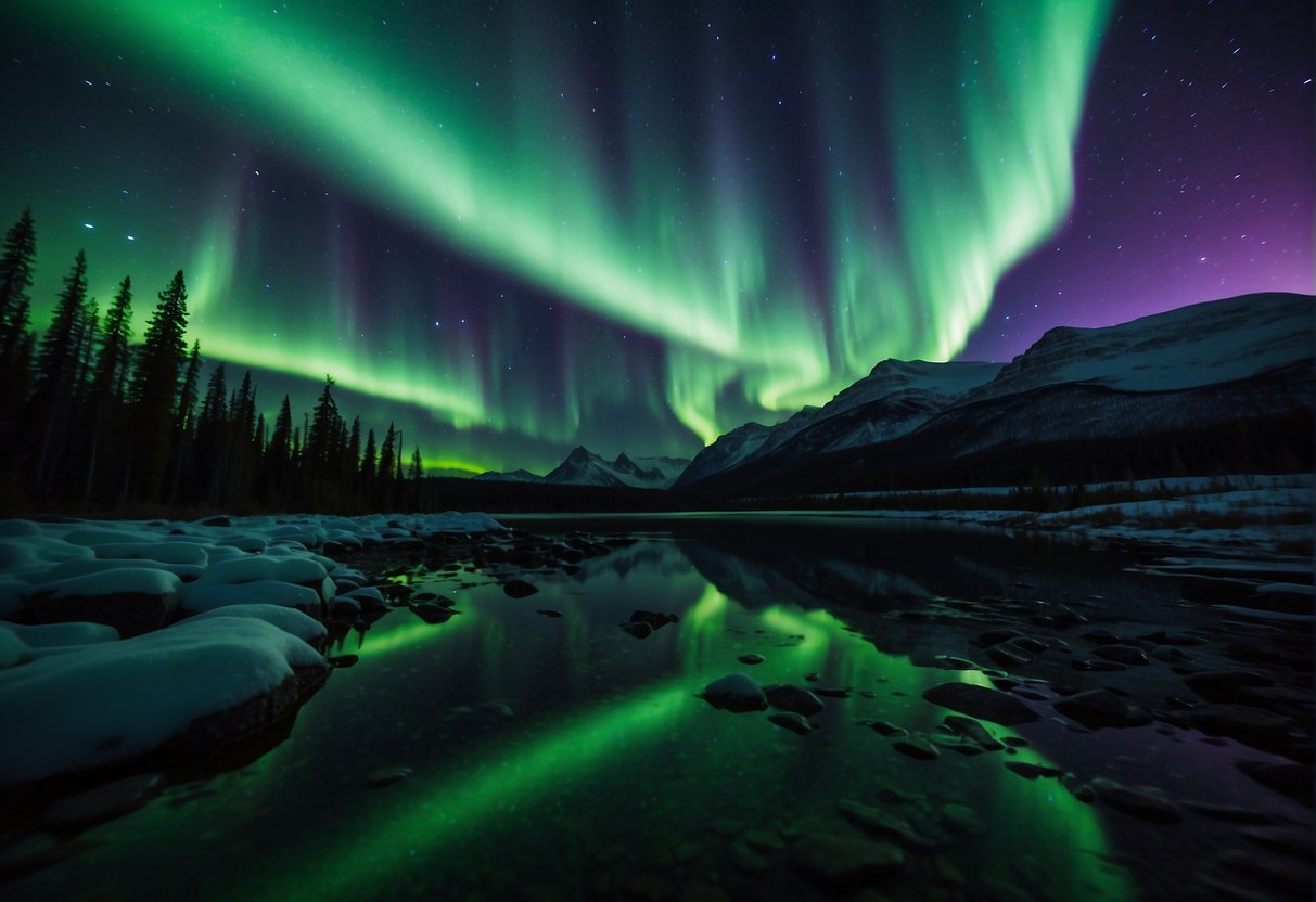 Northern lights grow in the night sky, swirling and dancing in vibrant colors of green, purple, and blue. The shimmering lights illuminate the darkness, creating a mesmerizing and magical display
