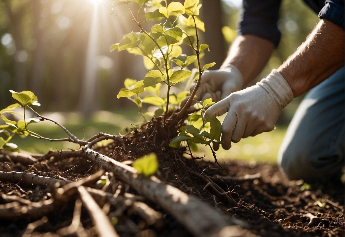 Sunlight filters through the branches as a gardener carefully prunes away dead wood and applies a balanced fertilizer to the soil around the base of the dogwood tree
