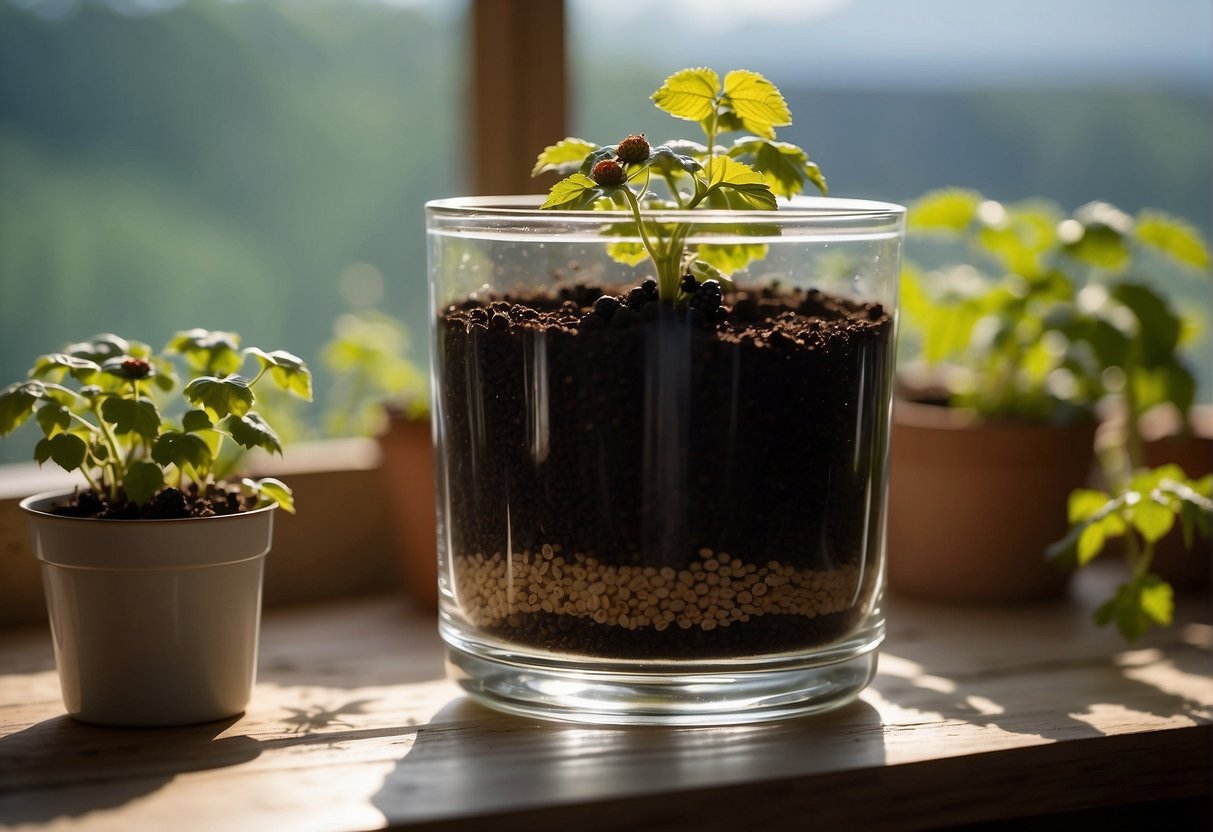 A pot filled with soil, blackberry seeds planted at a shallow depth, placed near a sunny window, watered regularly, and covered with plastic wrap to create a greenhouse effect