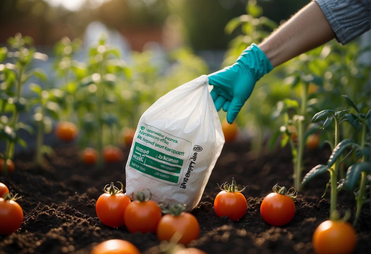 A hand holding a bag of phosphorus fertilizer pouring it around the base of tomato plants in a garden bed