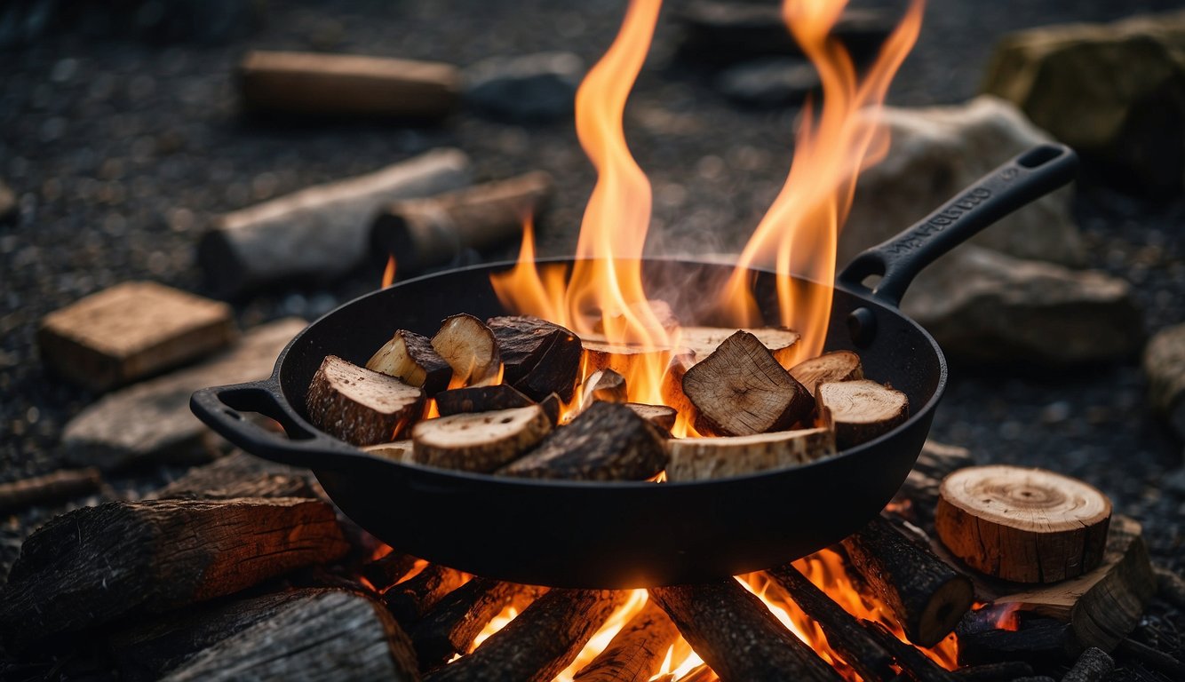 A roaring campfire surrounded by a set of essential accessories: a cast iron skillet, a sturdy cooking grate, a bundle of firewood, and a set of roasting sticks