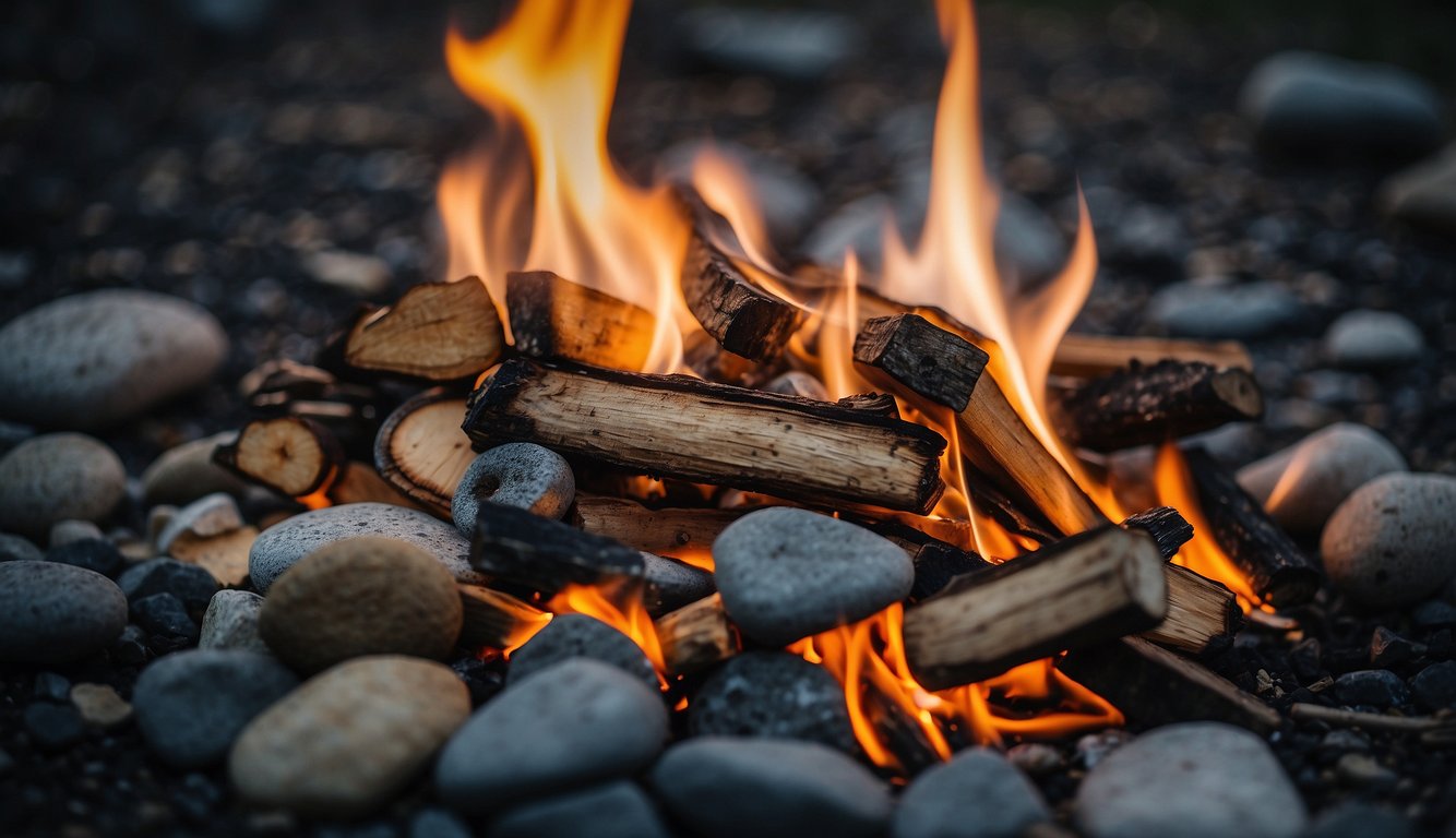 A campfire is being set up with essential accessories nearby - firewood, kindling, matches, and a fire starter. The fire pit is surrounded by rocks, and a grill grate is placed over the flames