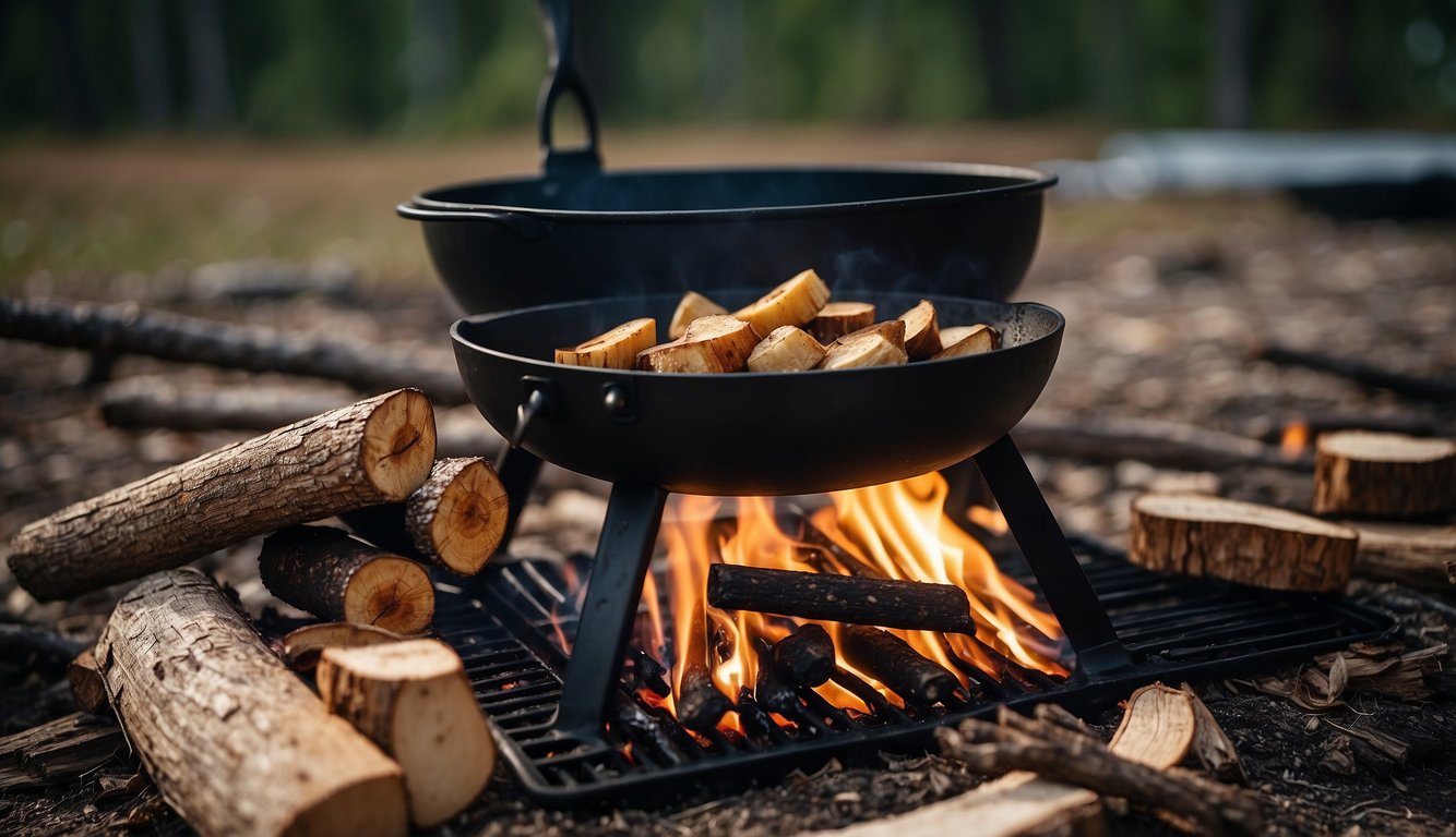 A campfire with a cast iron skillet, grill grate, and metal skewers, surrounded by a pile of firewood, a cooler, and a camping chair