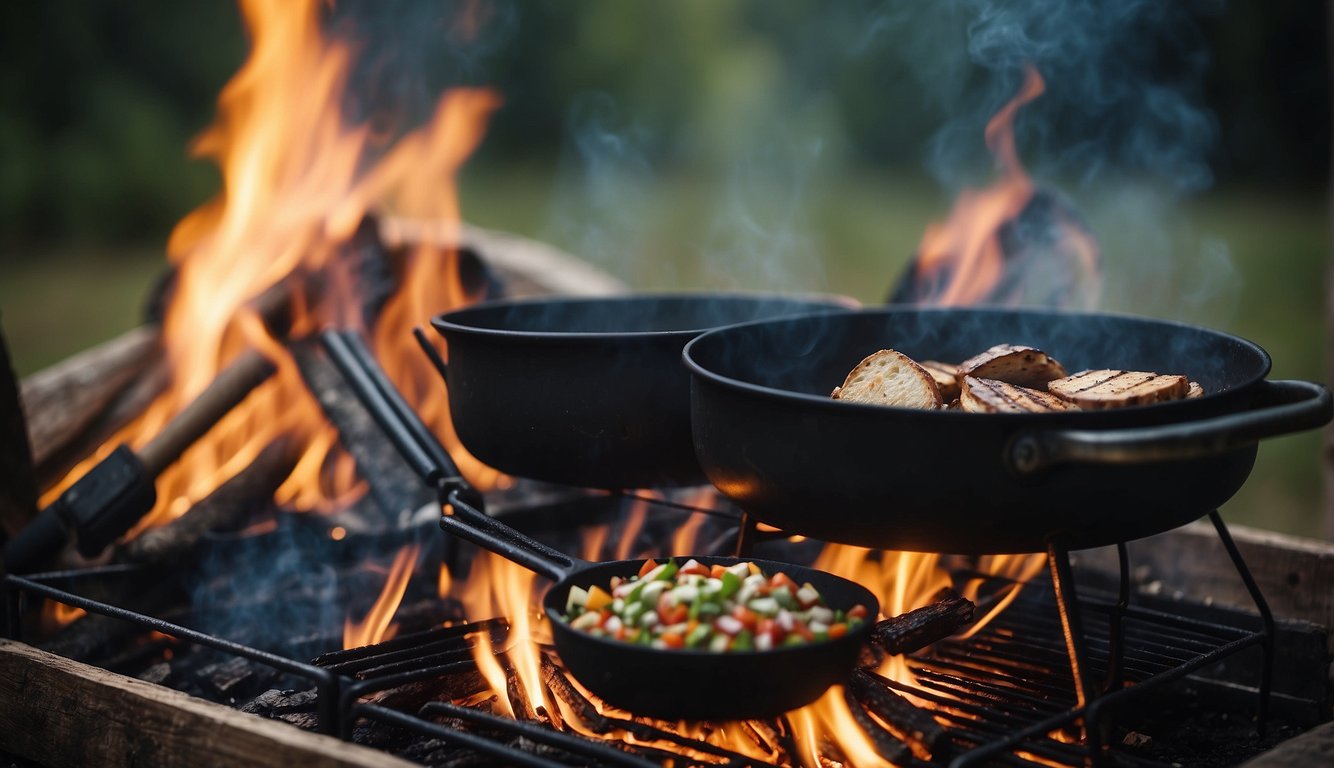 A campfire with a pot, skillet, and grill grate surrounded by cooking utensils and seasoning