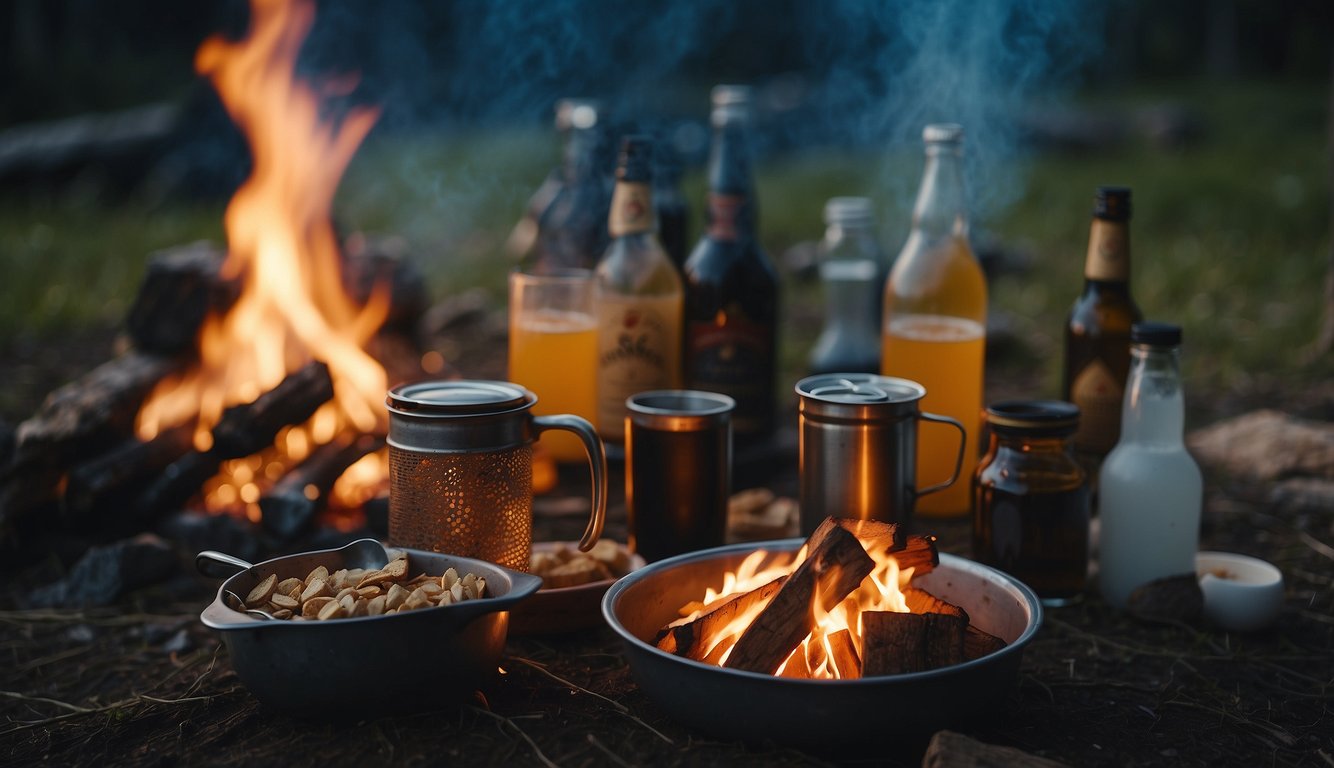 A campfire surrounded by various beverages and essential campfire accessories