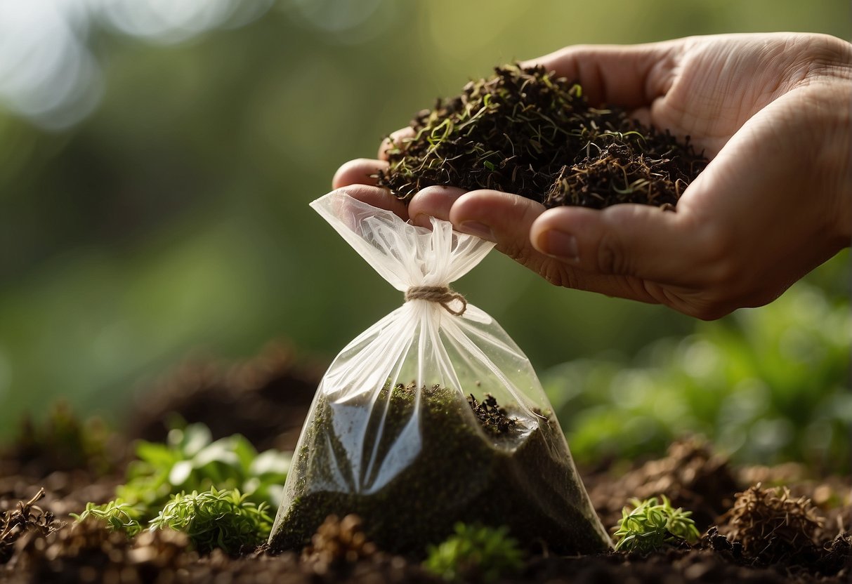A bag of peat moss sits open. A hand scoops out a small amount of lime, pouring it into the moss