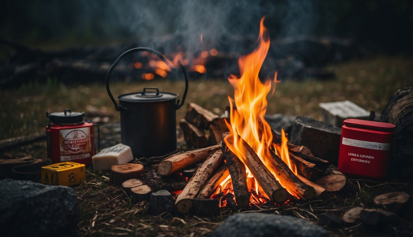 A campfire surrounded by essential accessories: firewood, matches, fire starter, and a fire extinguisher nearby. Safety signs and environmental awareness posters posted around the area