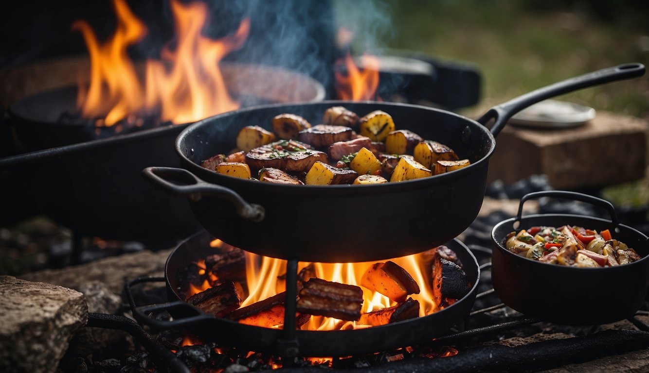 A campfire surrounded by cooking utensils, pots, and pans. A grill grate sits over the flames, with a pot of stew simmering and a cast iron skillet sizzling with bacon