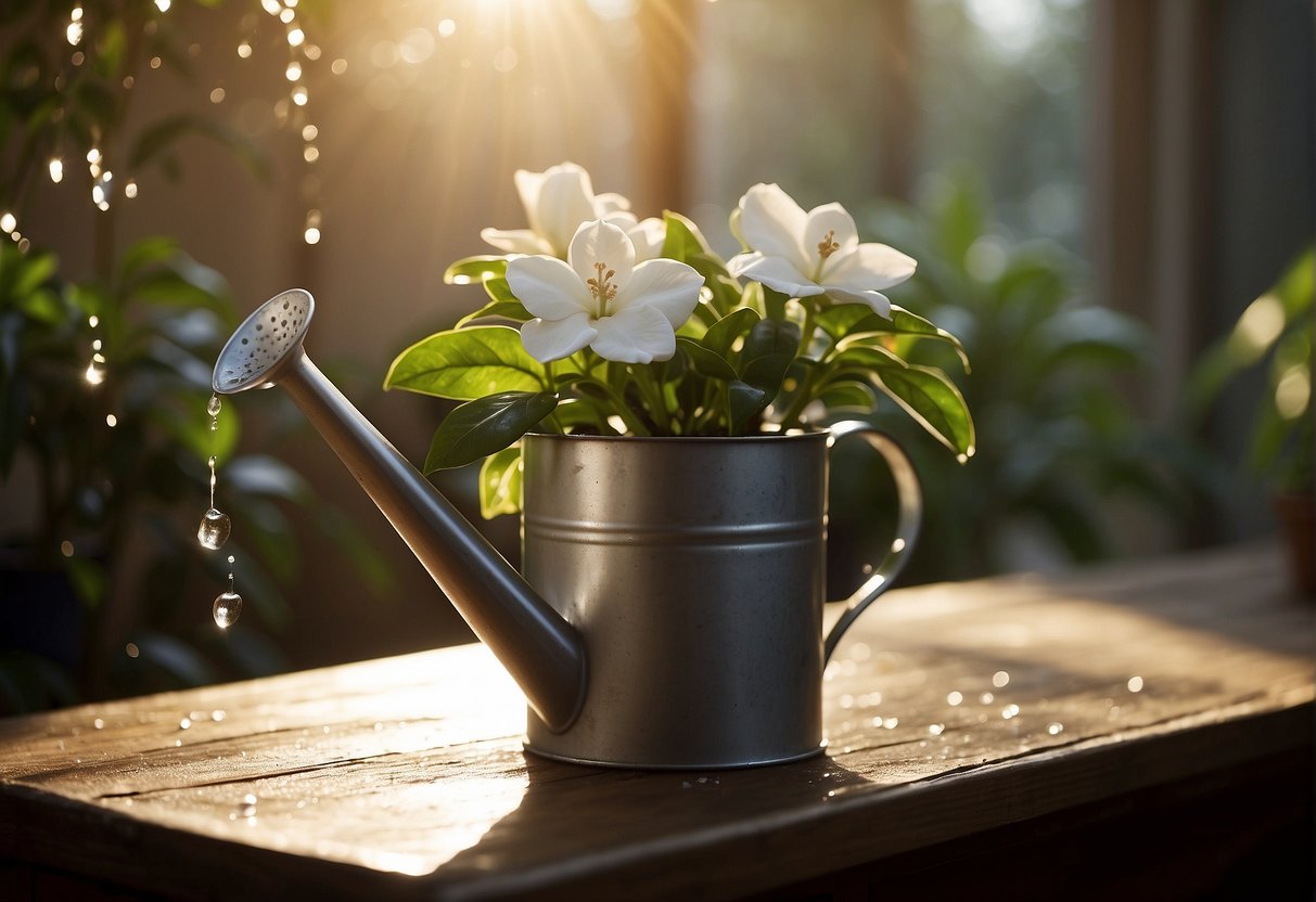 A watering can hovers over a potted gardenia, droplets glistening as they fall onto the rich soil. Sunshine streams through a nearby window, casting a warm glow on the plant