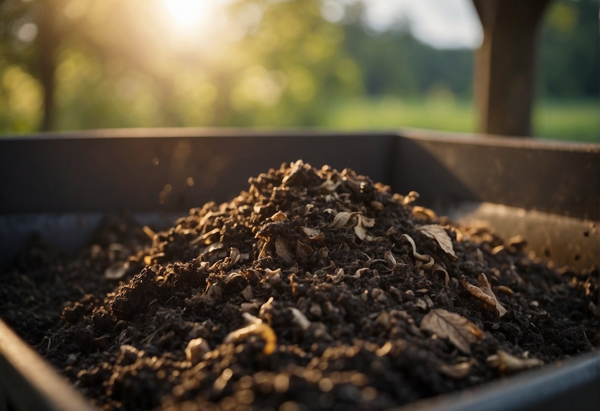 A pile of horse manure sits in a compost bin, surrounded by decomposing organic matter. Steam rises from the pile, indicating the heat generated by the composting process