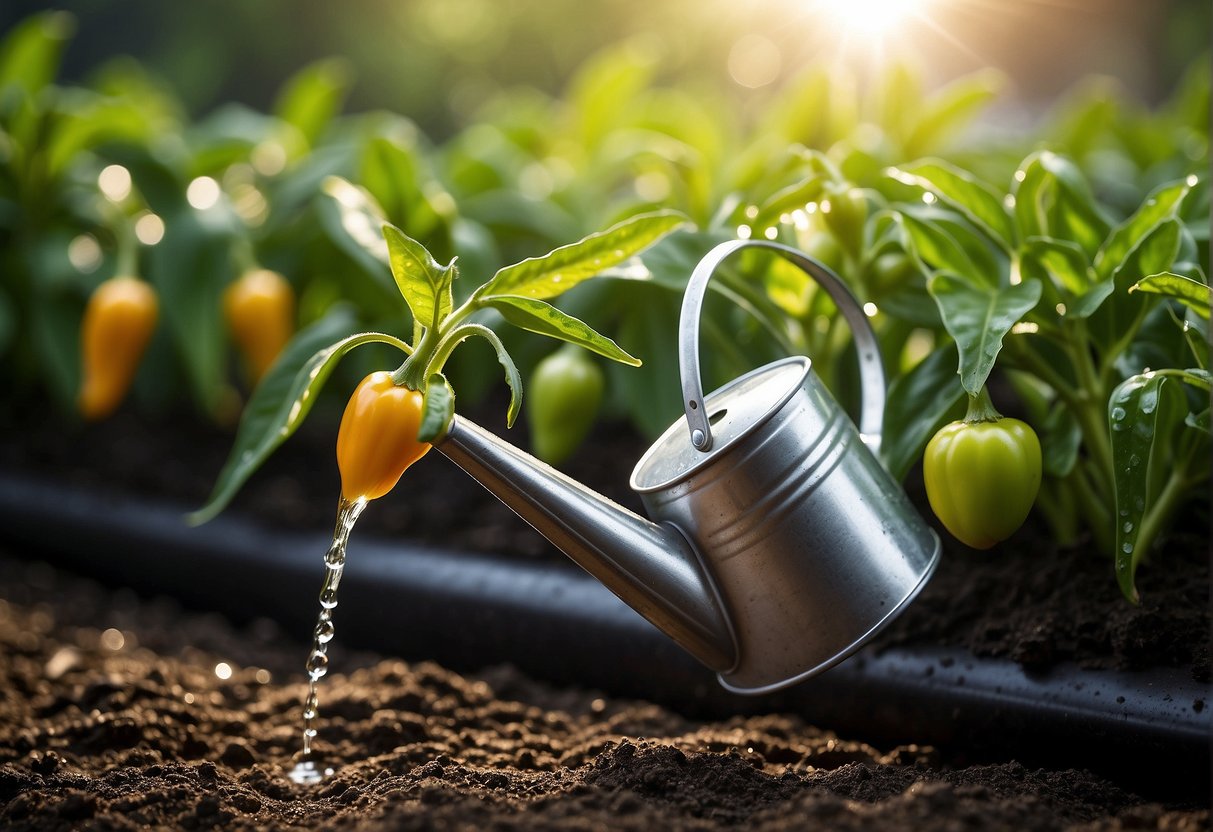 A watering can hovers over a row of jalapeno plants, droplets glistening on the leaves. The sun shines brightly, casting shadows on the soil below