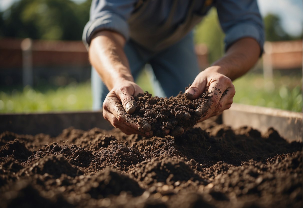 A farmer adds cow manure to soil in a garden bed