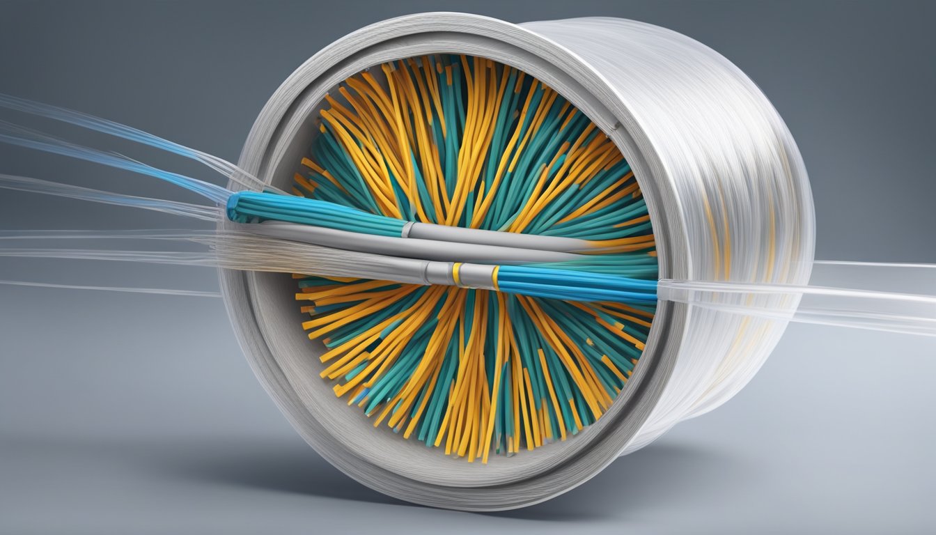 A loose tube fiber optic cable is coiled and surrounded by protective sheathing, with individual fibers visible through the transparent outer layer