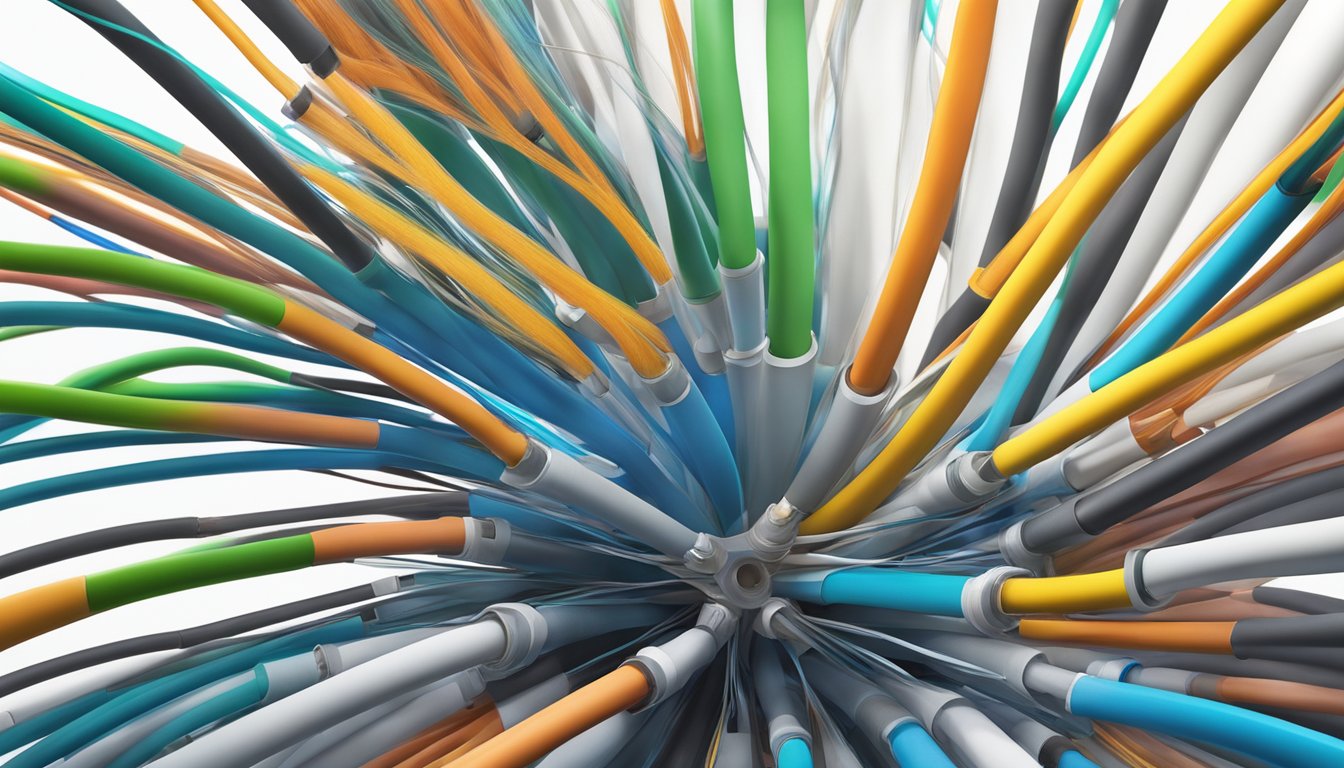 Several loose tube fiber optic cables running through a central hub, with protective outer sheathing and individual fibers visible inside