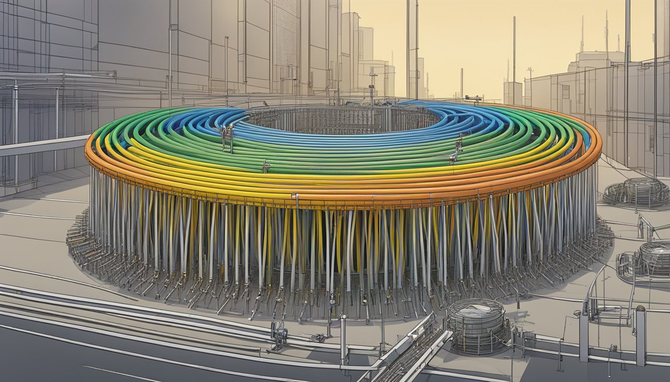 Multiple loose tube fiber cables being assembled into a central structure. Wires are arranged and secured within the central tube