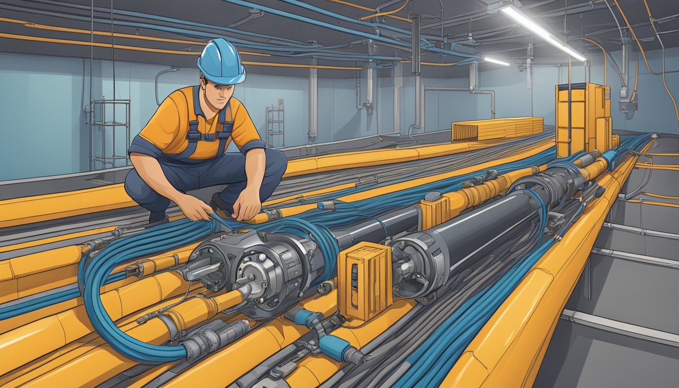 A technician installs central loose tube fiber cables in an underground conduit, surrounded by protective tubing and connected to network equipment