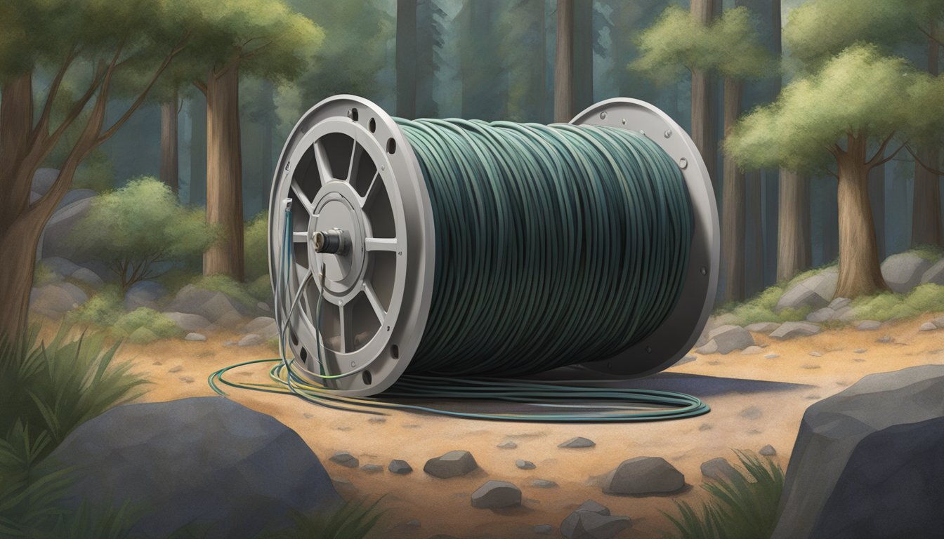 A loose tube fiber optic cable spools out from a protective casing, with multiple strands of fibers visible within the tube. The cable is surrounded by a rugged, outdoor environment, with trees, rocks, and other natural elements present