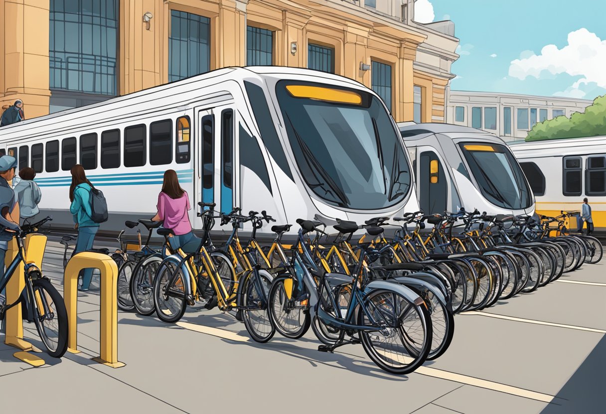 A row of commuter bikes parked neatly outside a bustling train station, with people coming and going in the background