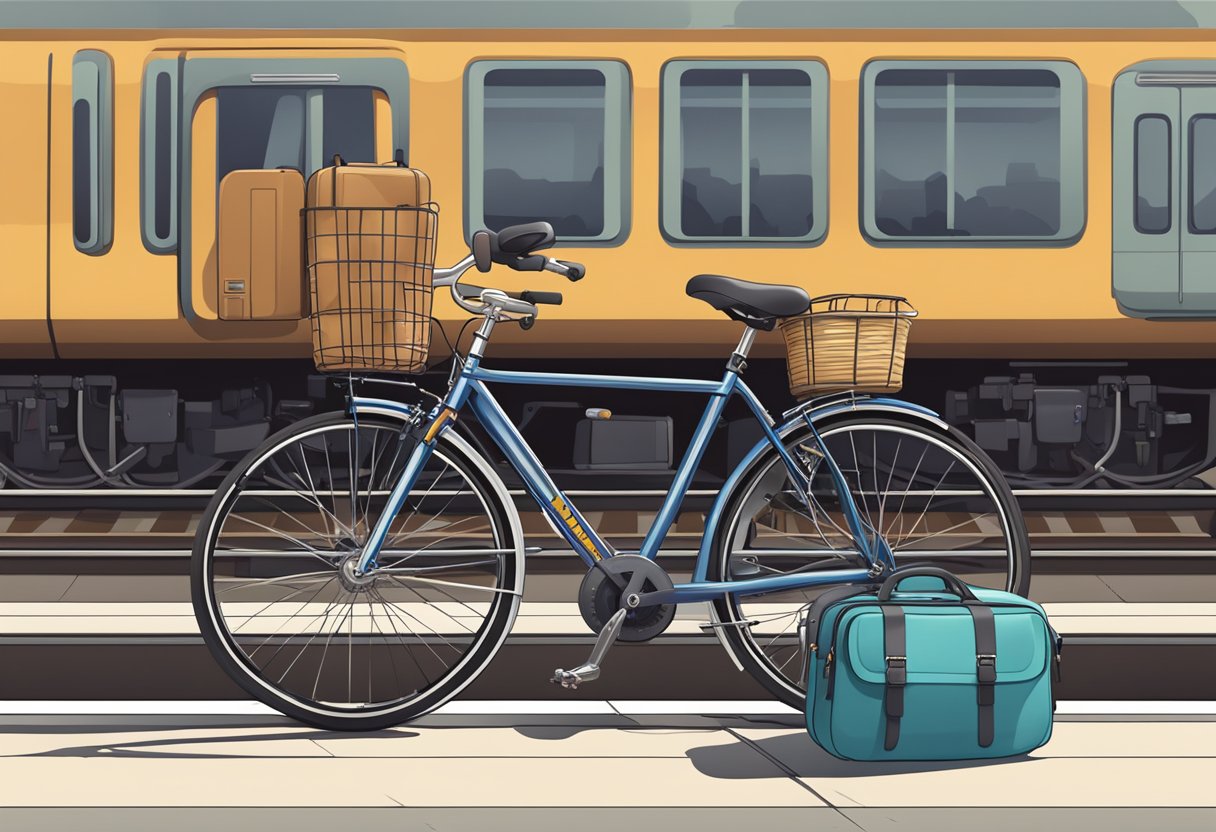 A commuter bike parked outside a bustling train station, with a basket filled with a lunchbox and a water bottle attached to the handlebars