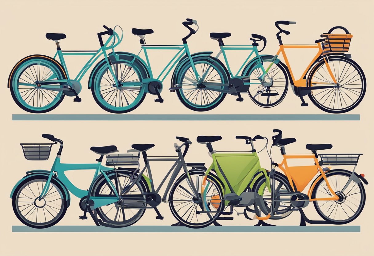 Commuter bikes lined up in a bike rack, varying in colors and styles. Some have baskets or racks for carrying items, while others have sleek, minimalist designs