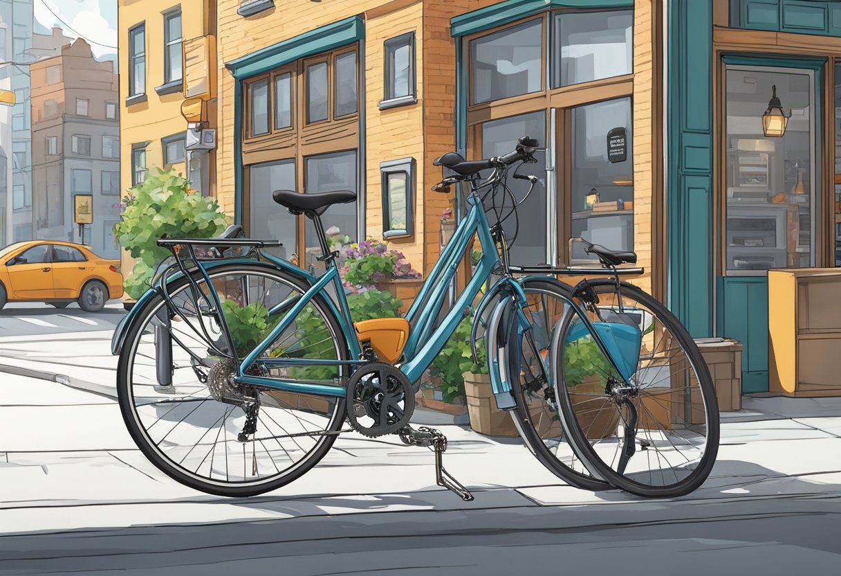 A commuter bike is being outfitted with a rack, panniers, and a bell. The bike is parked in front of a bike shop, with a city street in the background