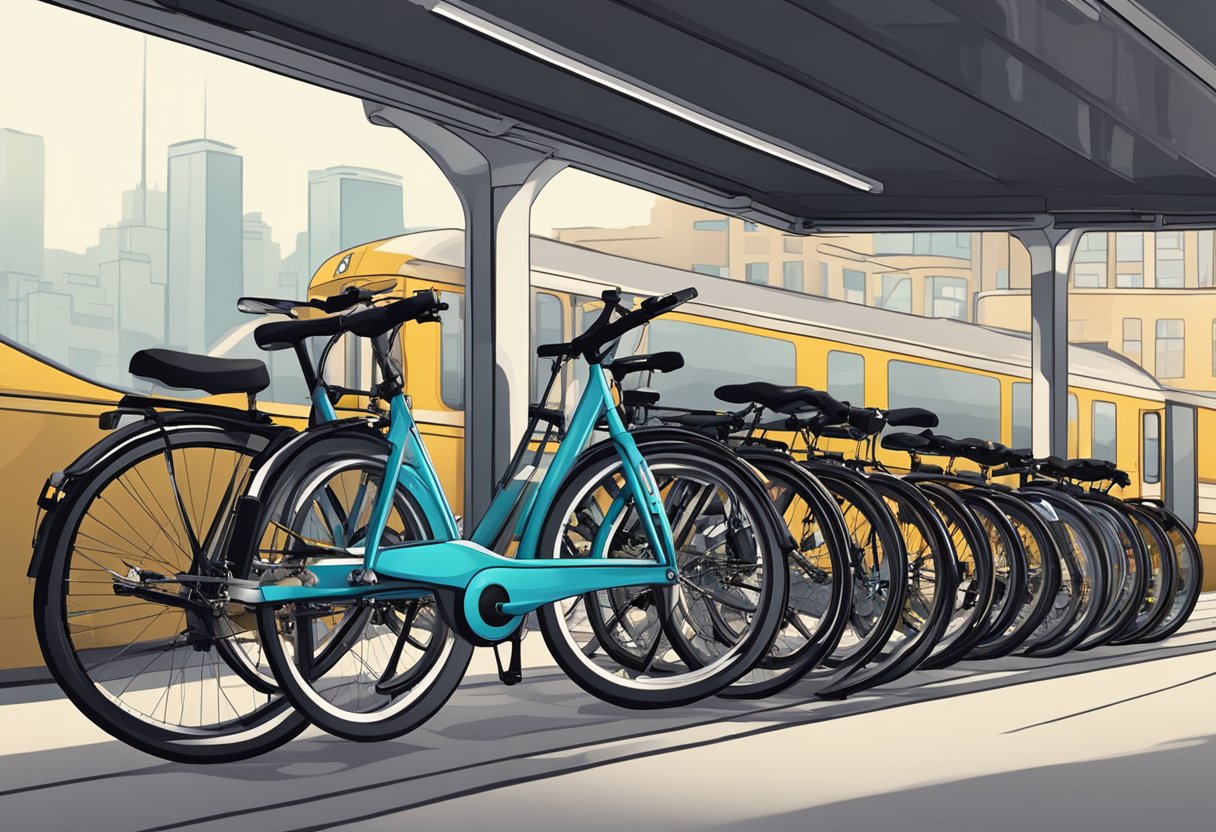 A row of sleek commuter bikes lined up outside a bustling city train station, ready for the perfect ride to work or school