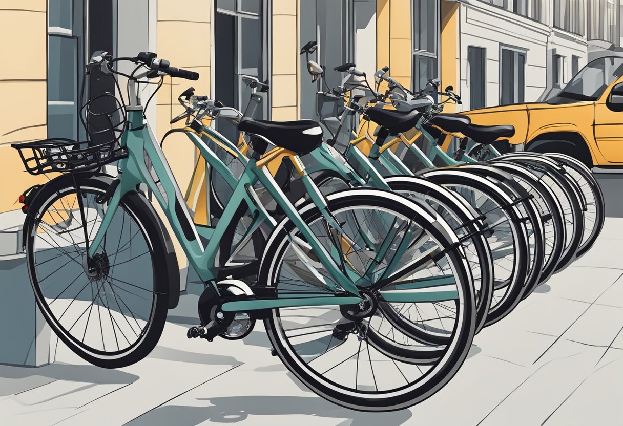 A row of commuter bikes parked in a city street. They are sleek, lightweight, and equipped with practical features like fenders and racks