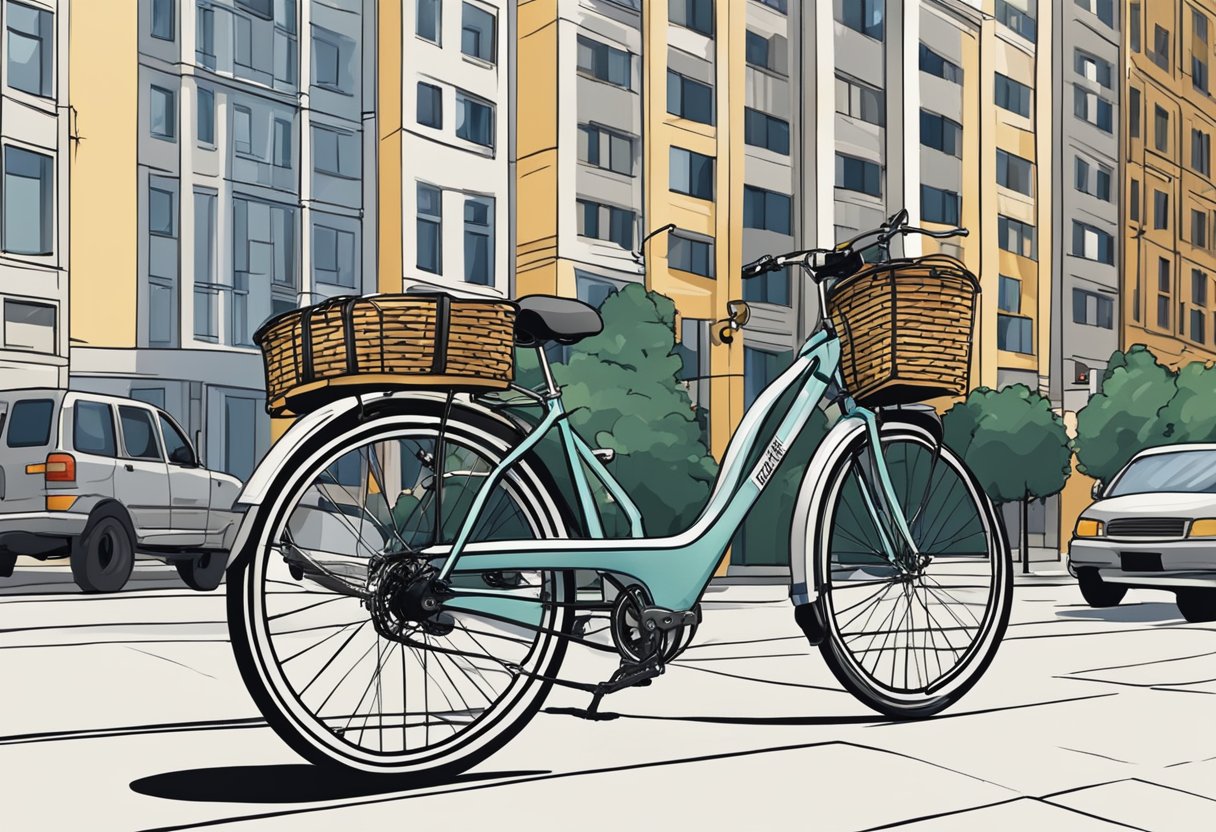 A commuter bike parked in a bustling city street, surrounded by tall buildings and busy traffic. The bike is equipped with a basket and a comfortable seat, ready for its rider to embark on a journey