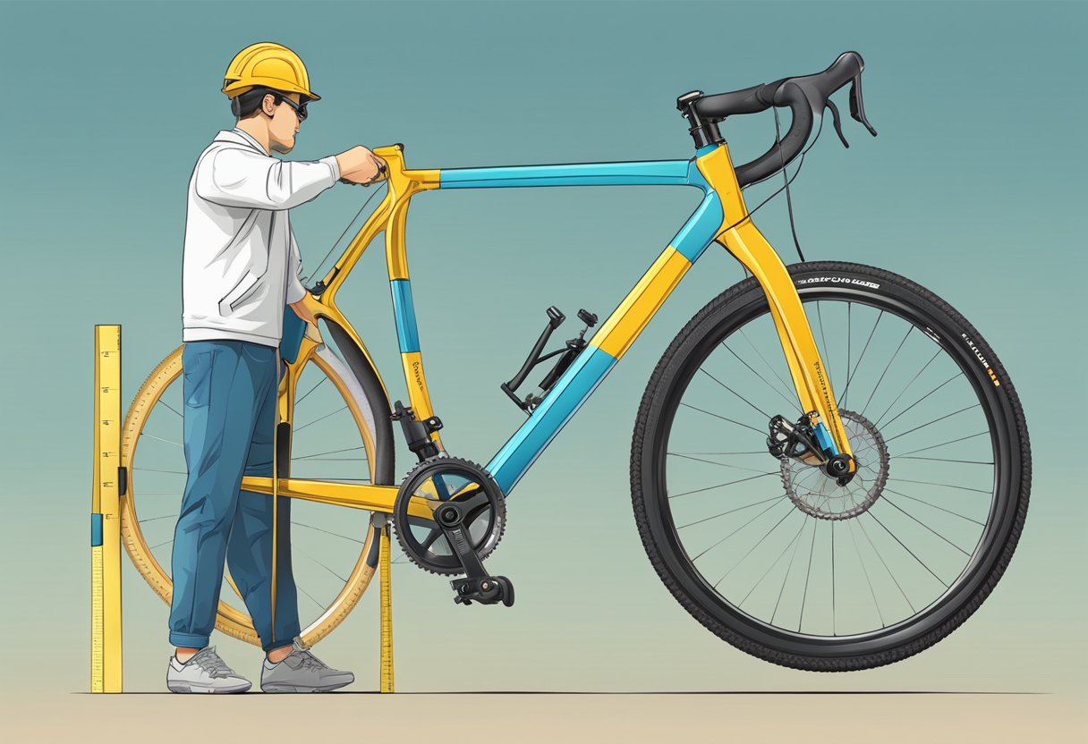 A person measuring bike frame with a tape measure