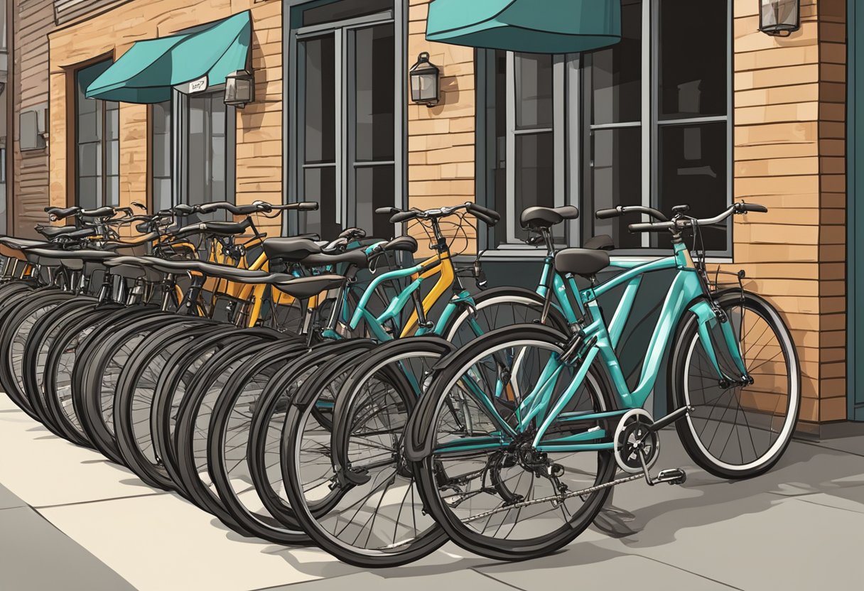 A row of bicycles in various sizes, labeled with age ranges, against a backdrop of a bike shop or outdoor display